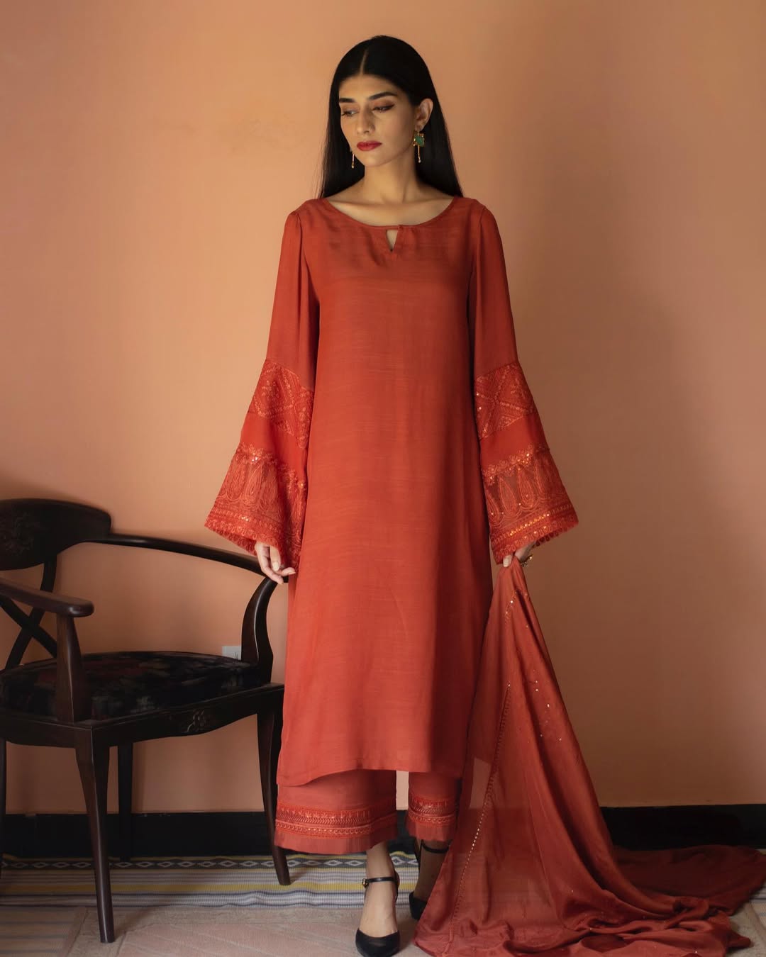 Burnt Sienna  Embroidered 3-Piece Ensemble