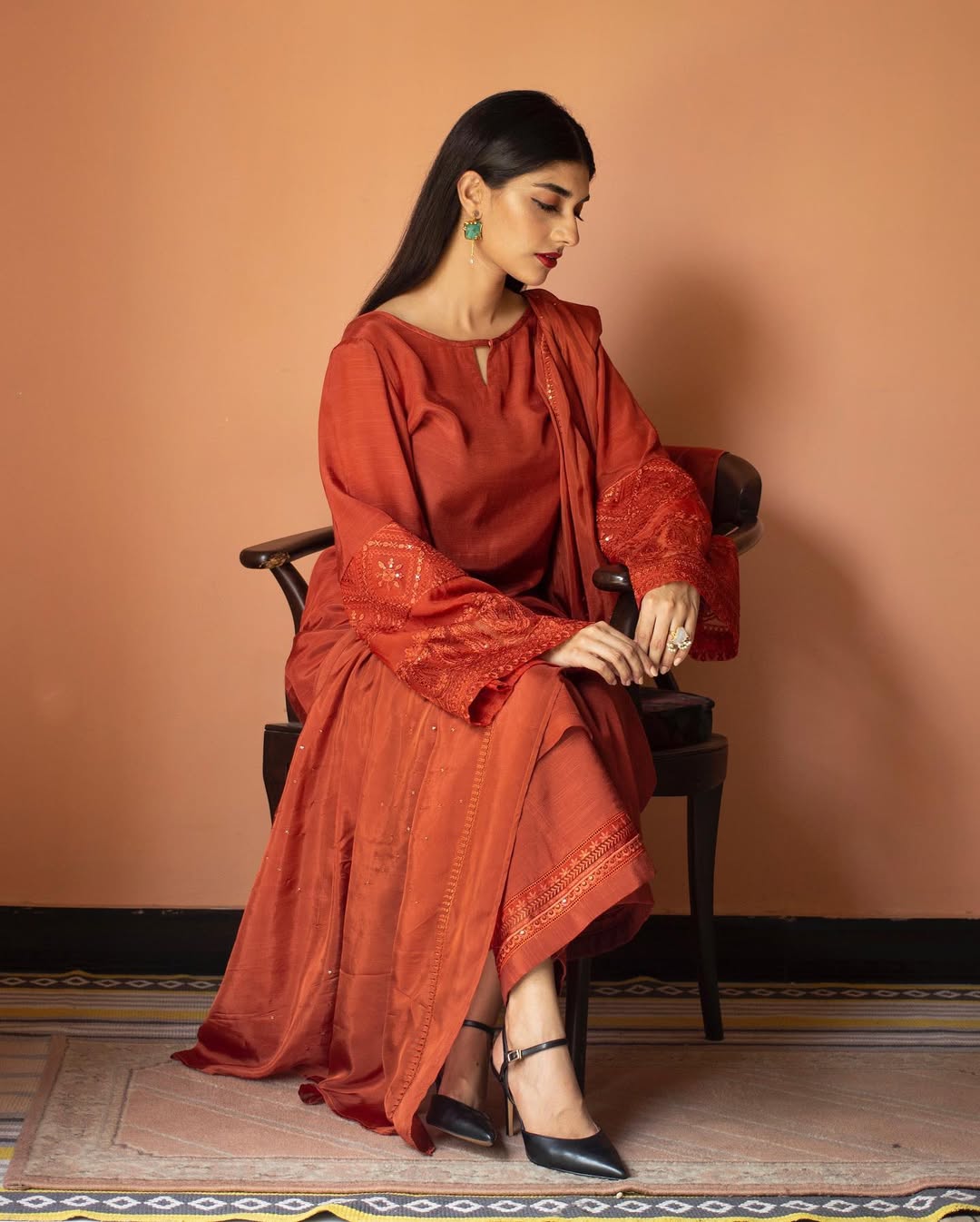 Burnt Sienna  Embroidered 3-Piece Ensemble