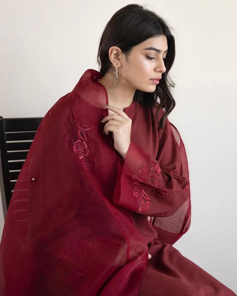 Classic 3-Piece Stitched Embroidered Set | BURGUNDY