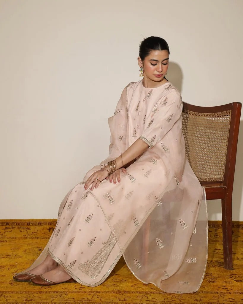 3-Piece Embroidered Stitched Ensemble | Pink Lily