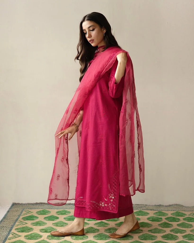 Designer 3-Pc Stitched Embroidered Dress | Cerise