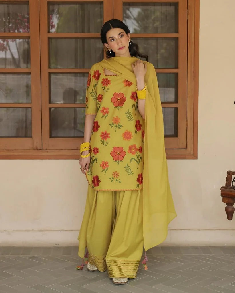 Premium 3-Pc Embroidered Stitched Outfit | Sunlit Olive