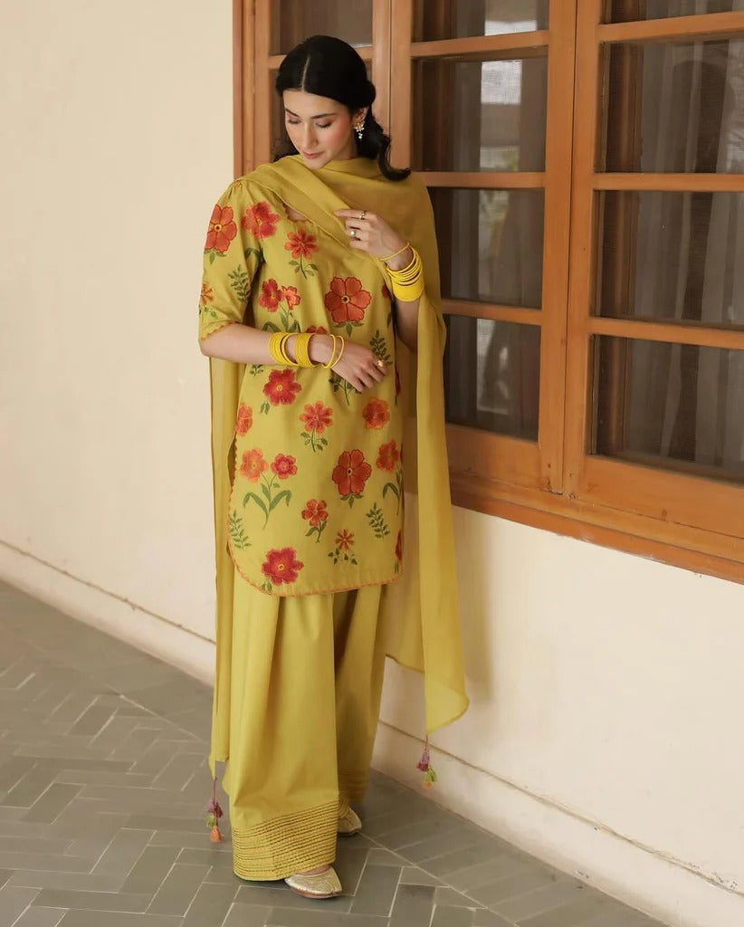 Premium 3-Pc Embroidered Stitched Outfit | Sunlit Olive