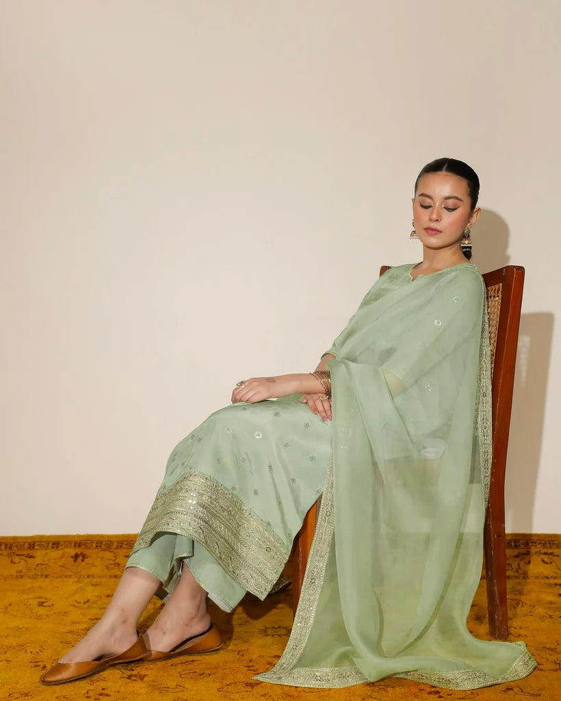 Stitched 3-Piece Embroidered Ensemble | Aurora Mint