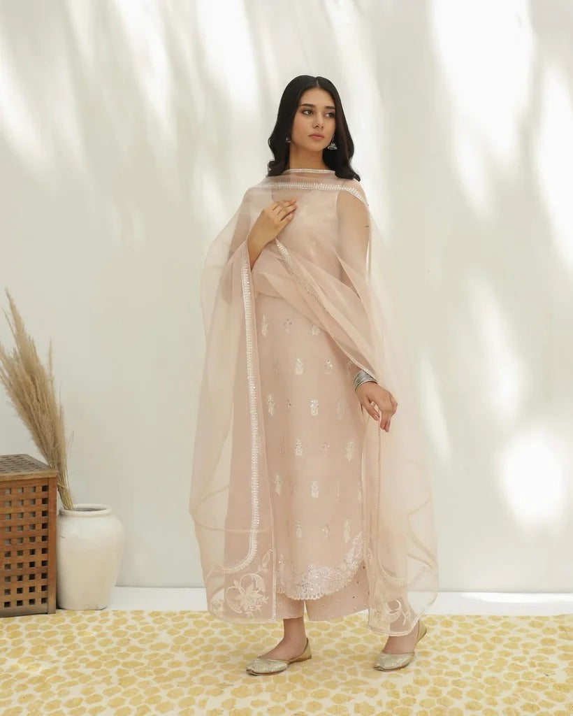 Premium 3-Pc Embroidered Stitched Dress | Blush Pink