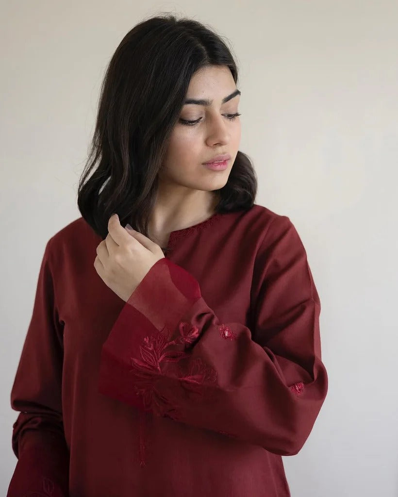 Classic 3-Piece Stitched Embroidered Set | BURGUNDY