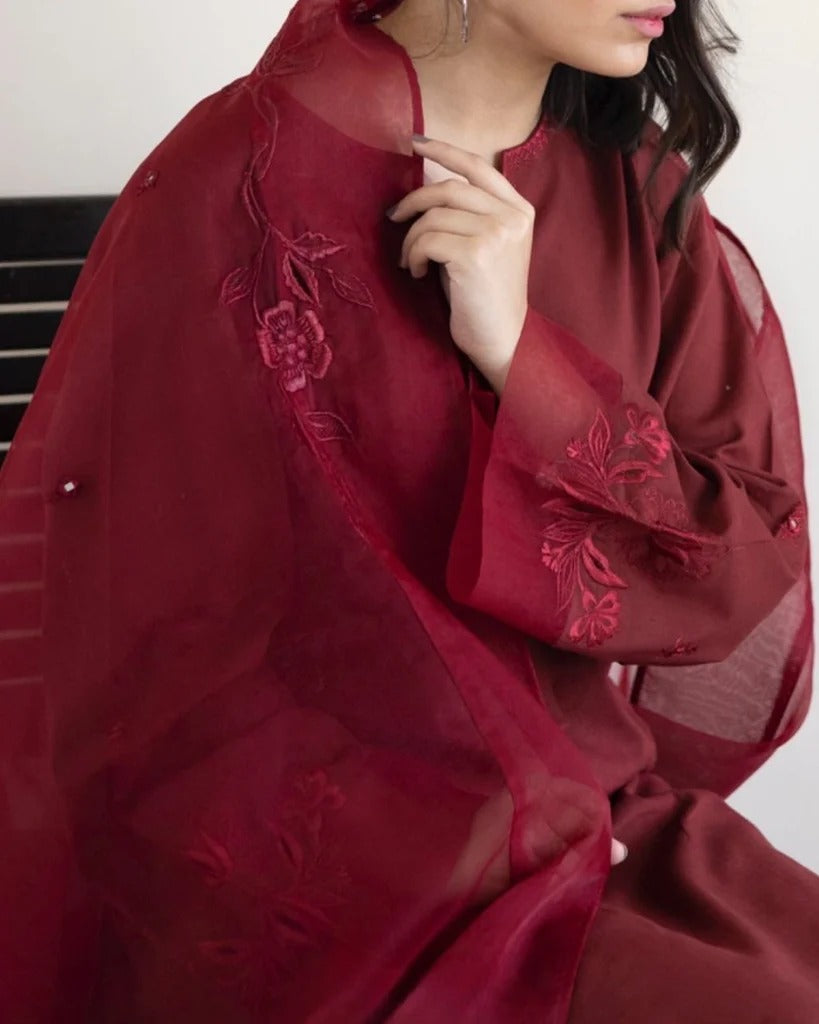 Classic 3-Piece Stitched Embroidered Set | BURGUNDY