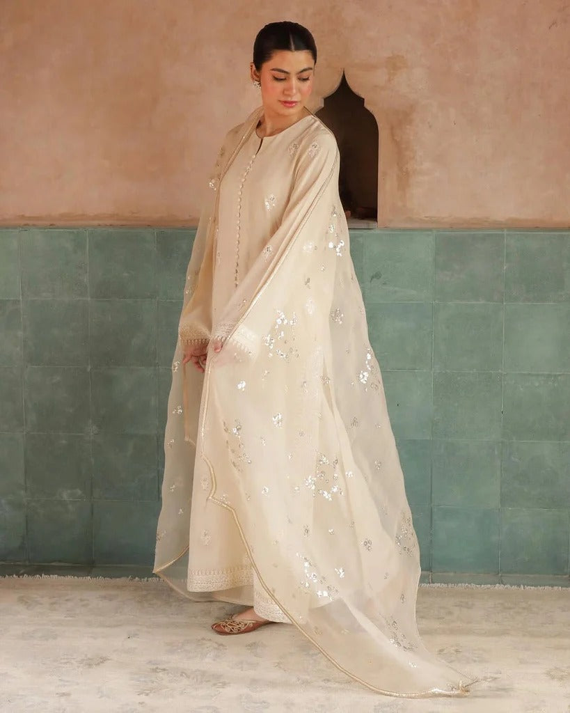Stitched 3-Pc Embroidered Ensemble | Pearl Mist